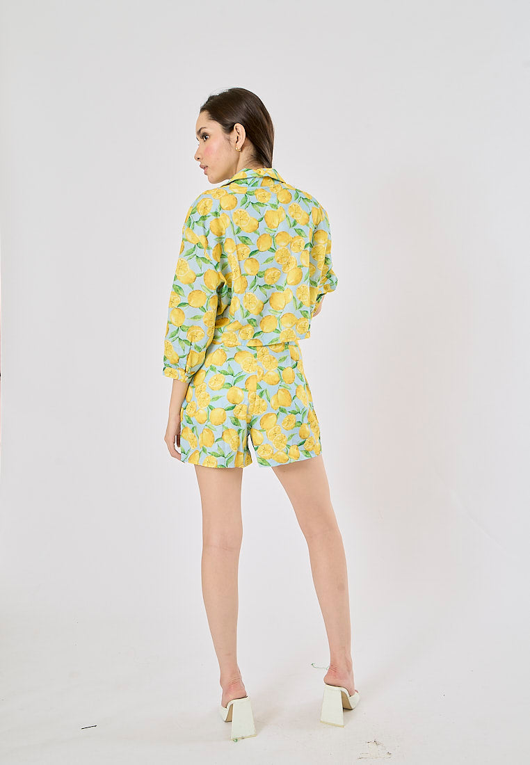Sheen Yellow and Blue Zipper Fly Fruit Print Casual Short