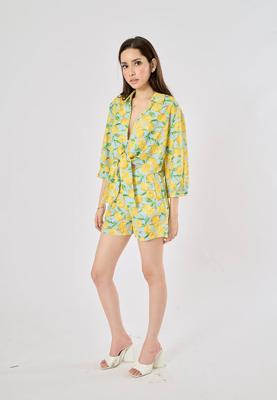 Sheen Yellow and Blue Zipper Fly Fruit Print Casual Short