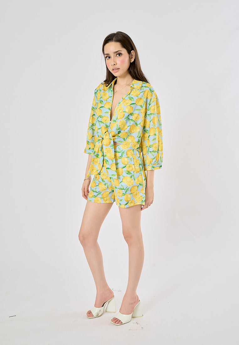 Sheen Yellow and Blue Zipper Fly Fruit Print Casual Short