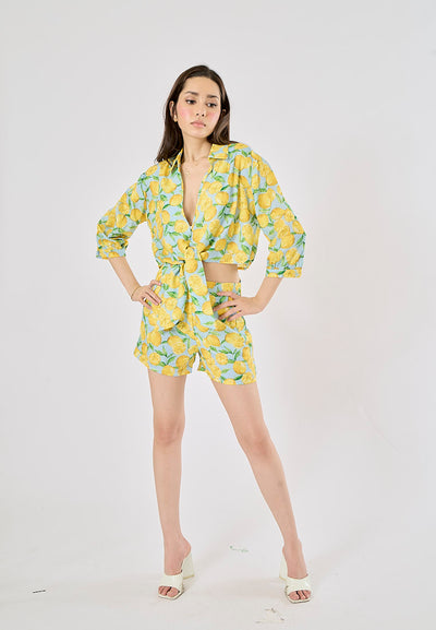 Sheen Yellow and Blue Zipper Fly Fruit Print Casual Short