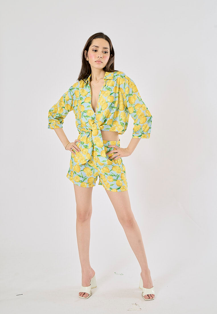 Sheen Yellow and Blue Zipper Fly Fruit Print Casual Short