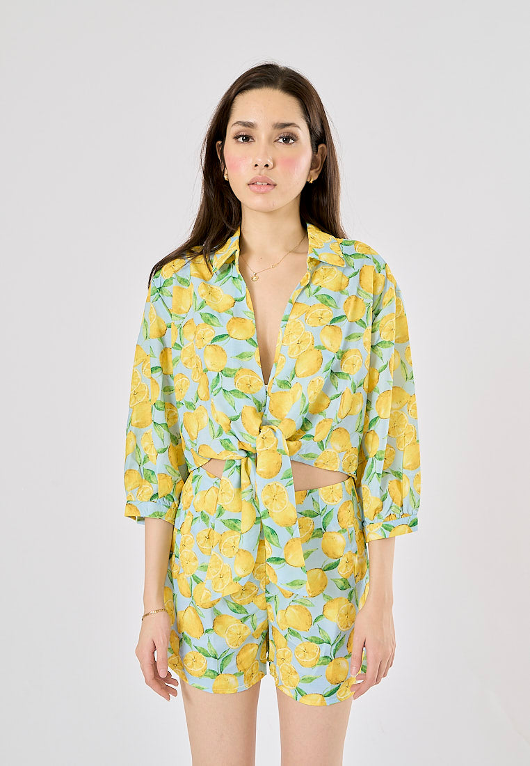 Sheen Yellow and Blue Zipper Fly Fruit Print Casual Short