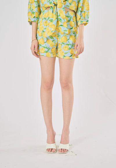 Sheen Yellow and Blue Zipper Fly Fruit Print Casual Short