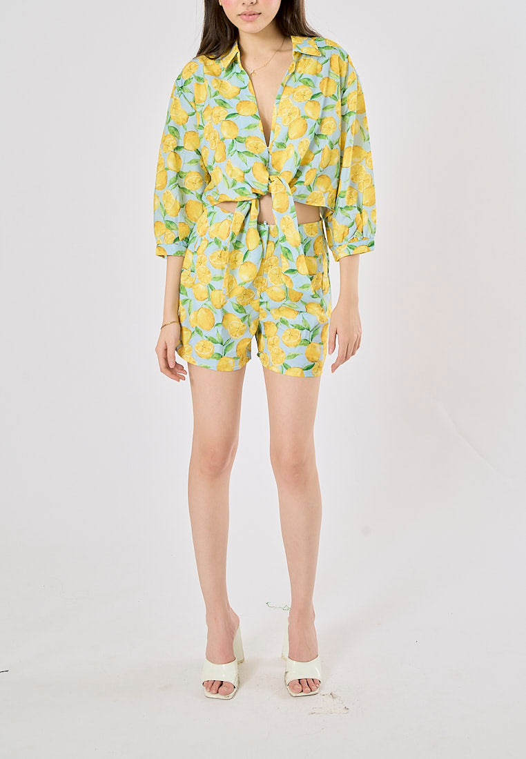 Sheen Yellow and Blue Zipper Fly Fruit Print Casual Short