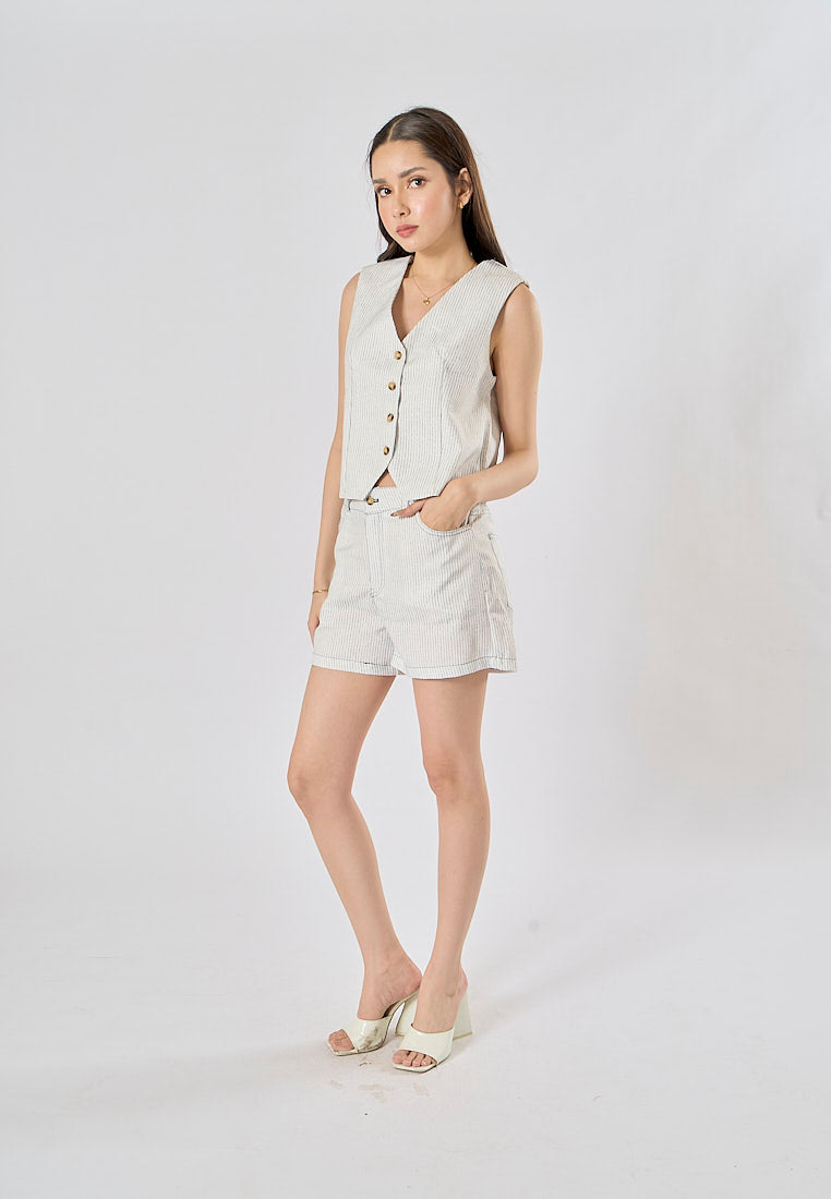 Alfie Zipper Fly Striped Print Side Pockets Casual Shorts