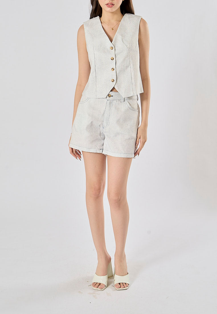Alfie Zipper Fly Striped Print Side Pockets Casual Shorts