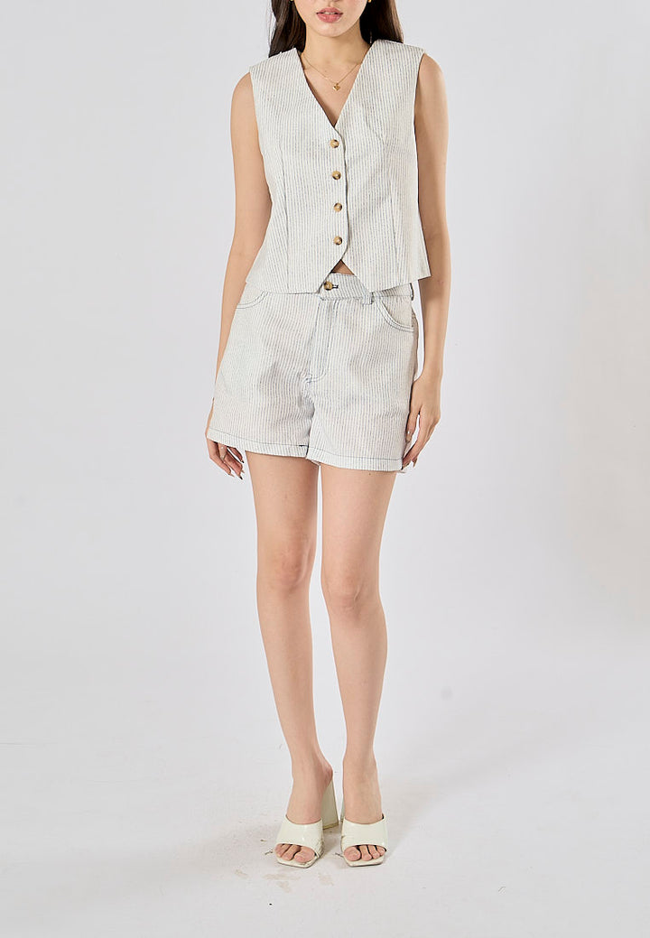 Alfie Zipper Fly Striped Print Side Pockets Casual Shorts