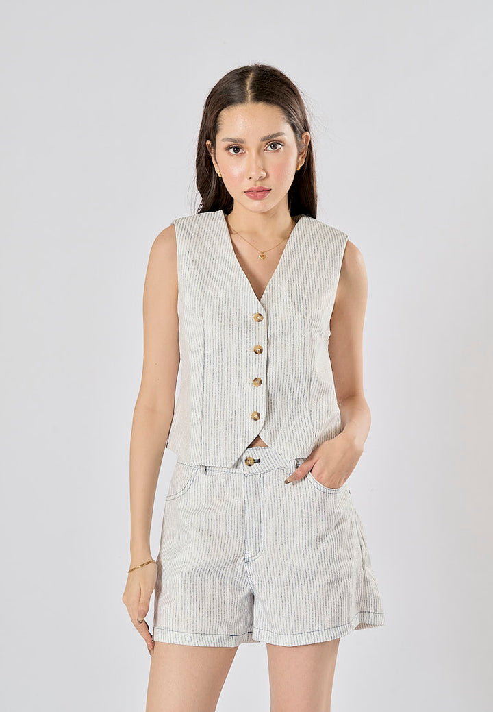 Alfie Zipper Fly Striped Print Side Pockets Casual Shorts