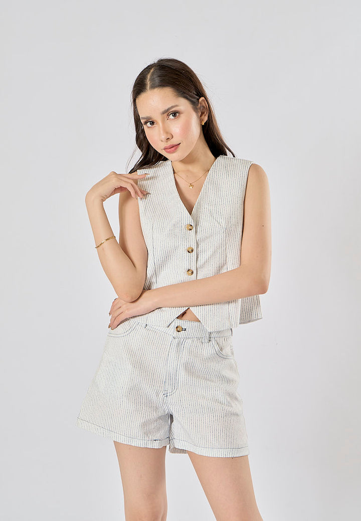 Alfie Zipper Fly Striped Print Side Pockets Casual Shorts