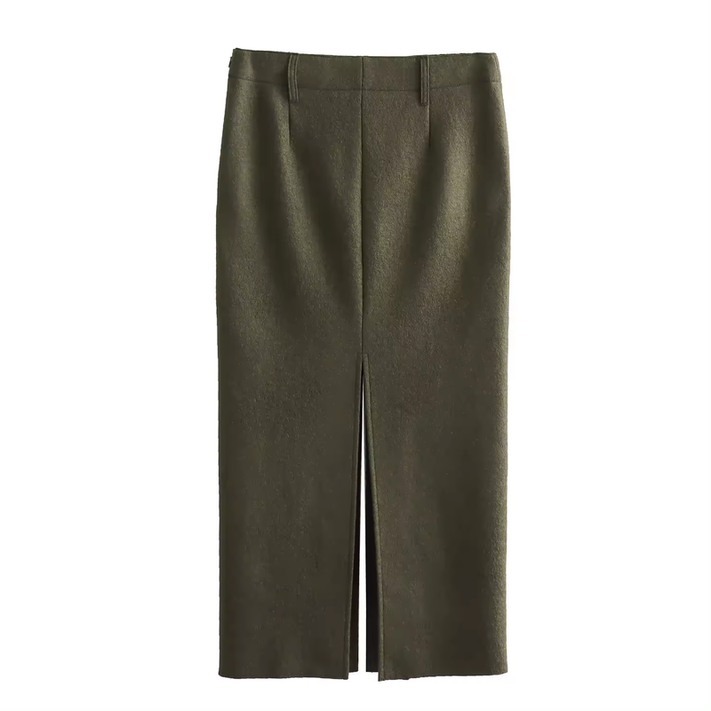 Nadja Moss Green Front And Back Slit Side Zipper Midi Skirt