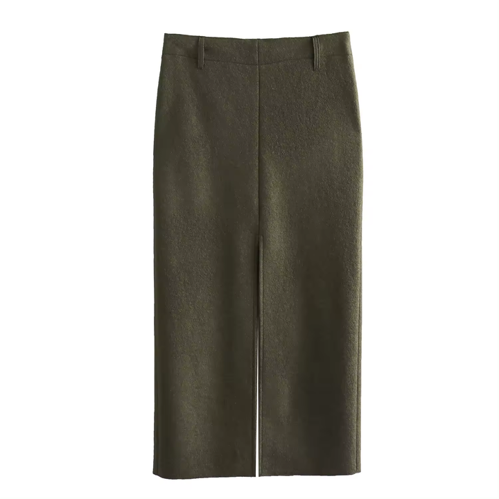 Nadja Moss Green Front And Back Slit Side Zipper Midi Skirt