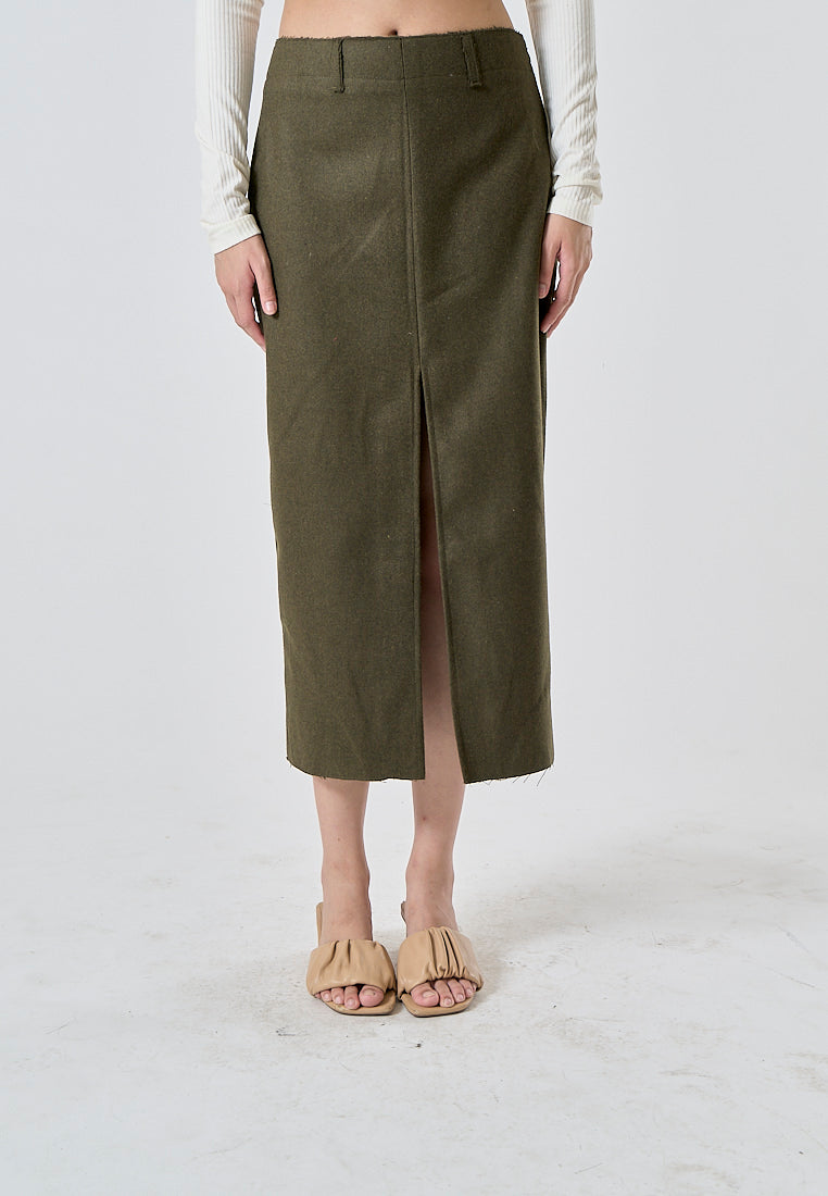 Nadja Moss Green Front And Back Slit Side Zipper Midi Skirt