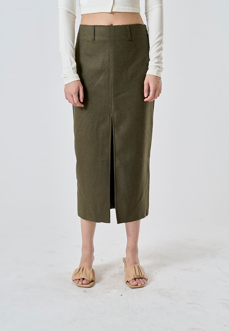 Nadja Moss Green Front And Back Slit Side Zipper Midi Skirt