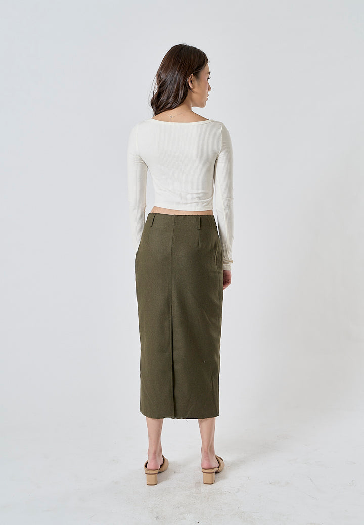 Nadja Moss Green Front And Back Slit Side Zipper Midi Skirt