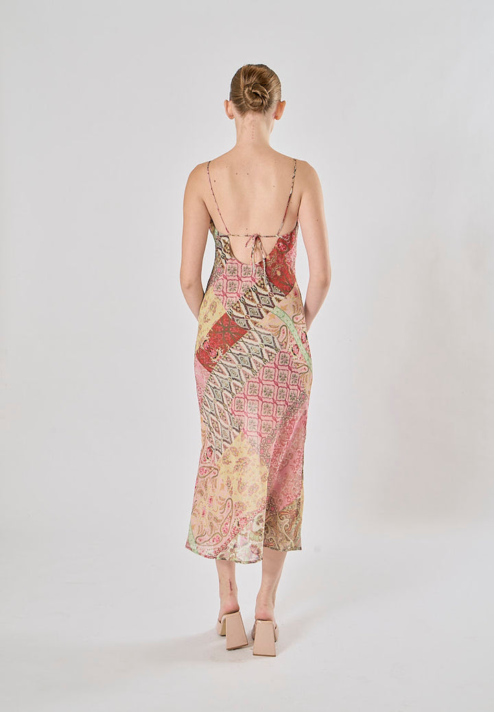 Cassandra Multicolor Patchwork Pattern Print Spaghetti Strap Midi Dress