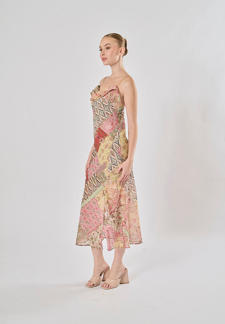 Cassandra Multicolor Patchwork Pattern Print Spaghetti Strap Midi Dress