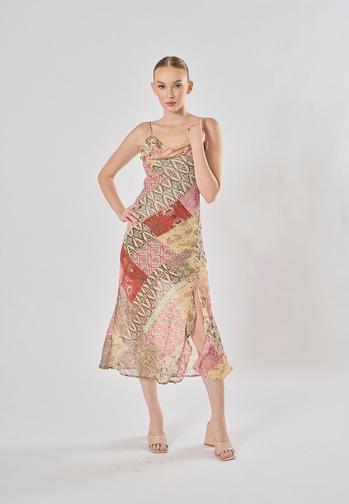 Cassandra Multicolor Patchwork Pattern Print Spaghetti Strap Midi Dress