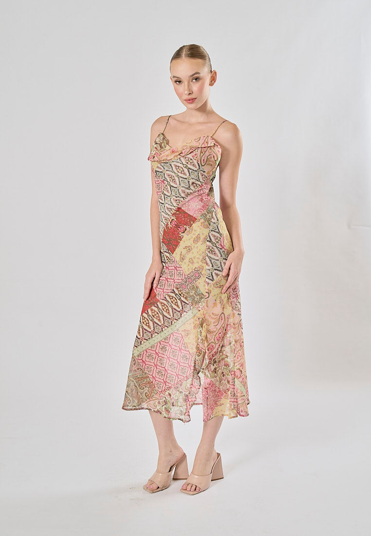 Cassandra Multicolor Patchwork Pattern Print Spaghetti Strap Midi Dress