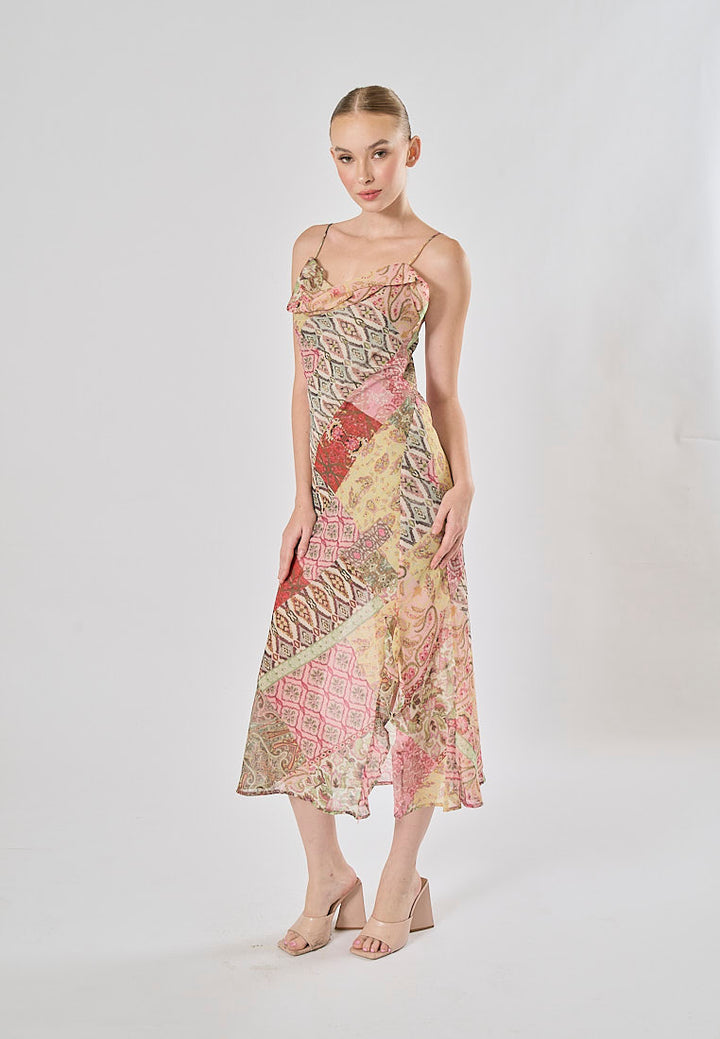 Cassandra Multicolor Patchwork Pattern Print Spaghetti Strap Midi Dress