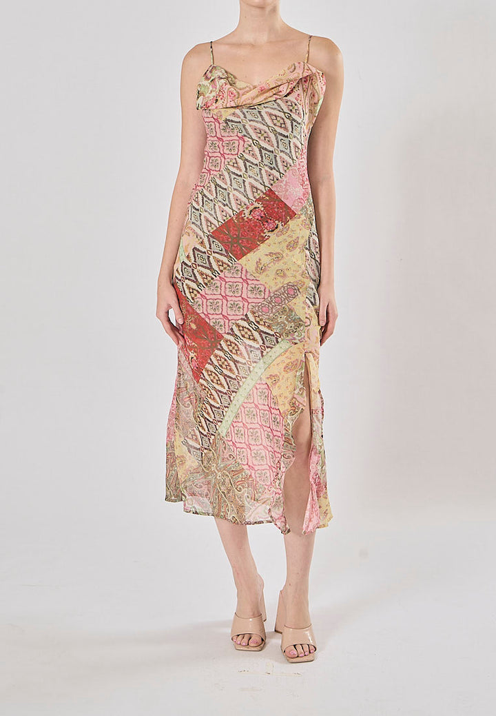 Cassandra Multicolor Patchwork Pattern Print Spaghetti Strap Midi Dress