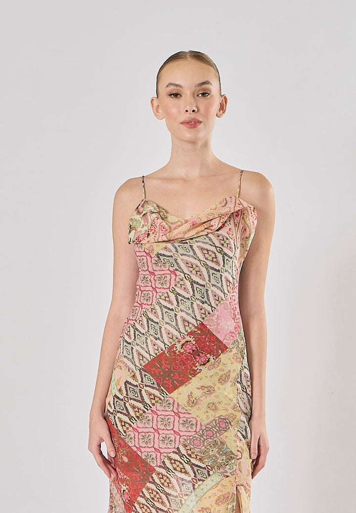 Cassandra Multicolor Patchwork Pattern Print Spaghetti Strap Midi Dress