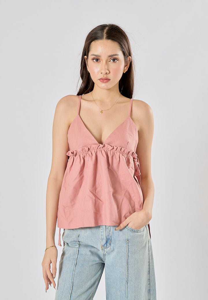 Kael Pink Spaghetti Strap Side Bow Tie Crop Tank Top