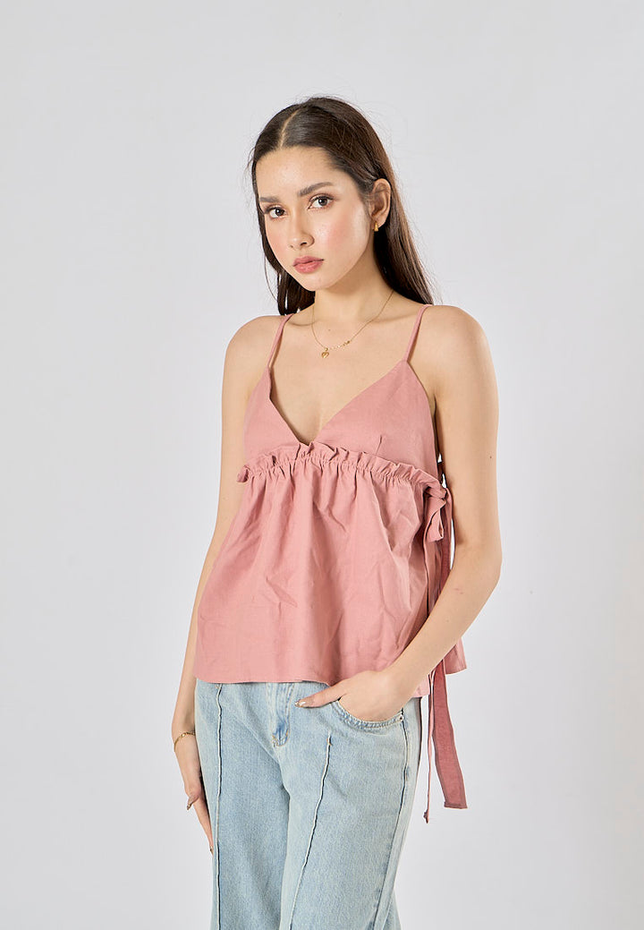 Kael Pink Spaghetti Strap Side Bow Tie Crop Tank Top