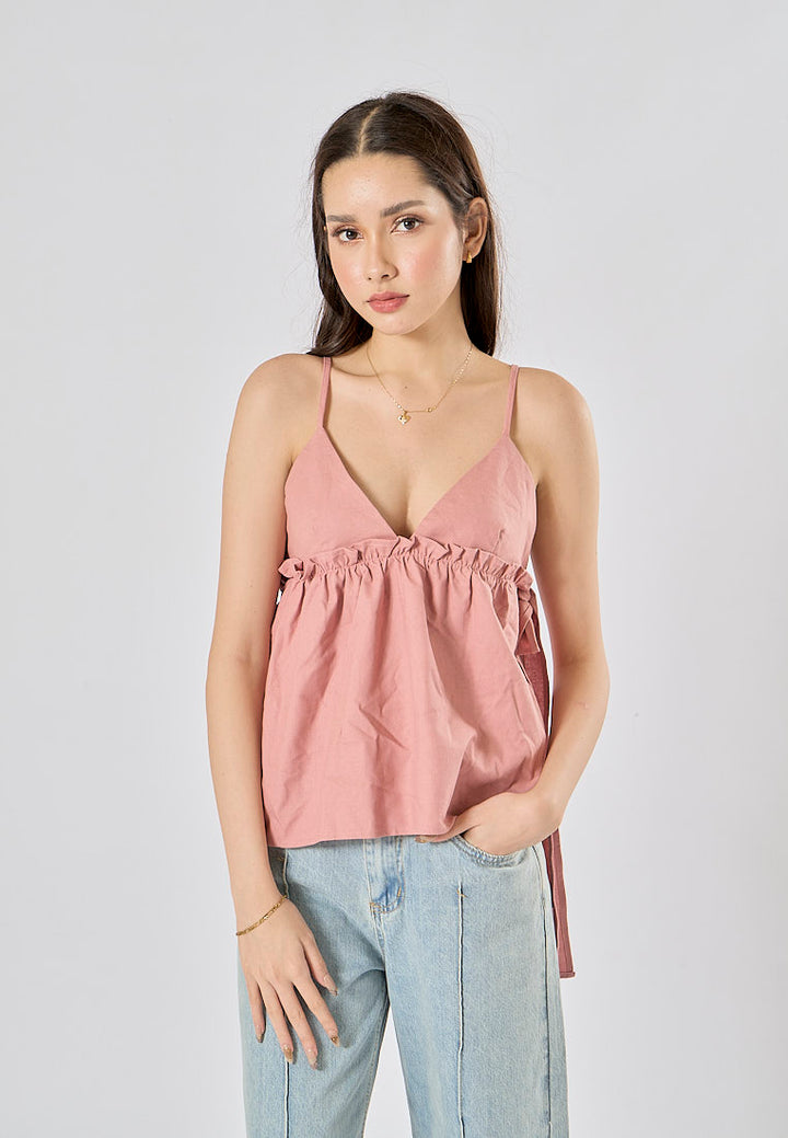 Kael Pink Spaghetti Strap Side Bow Tie Crop Tank Top