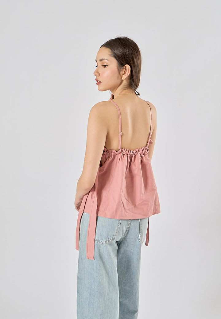 Kael Pink Spaghetti Strap Side Bow Tie Crop Tank Top