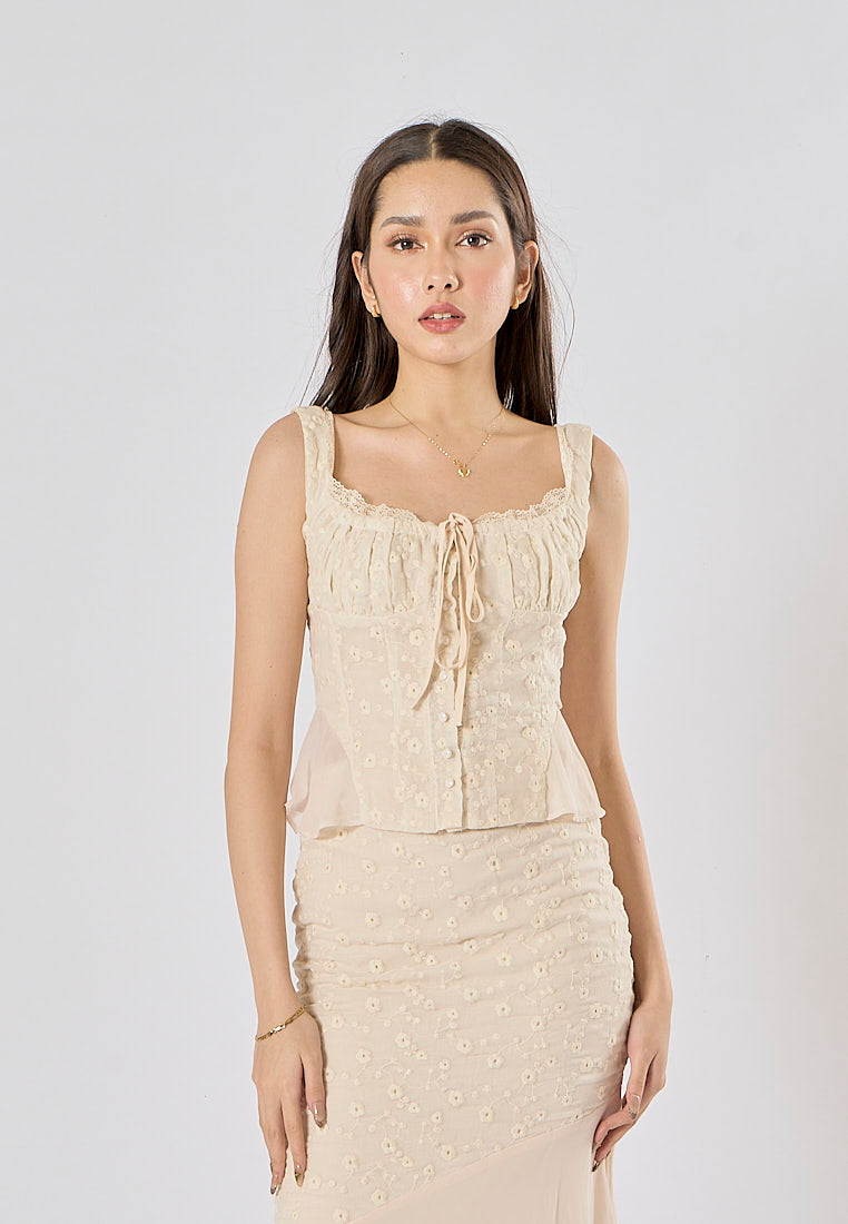 Alicia Beige Sleeveless Front Lace Up Embroidery Tank Top