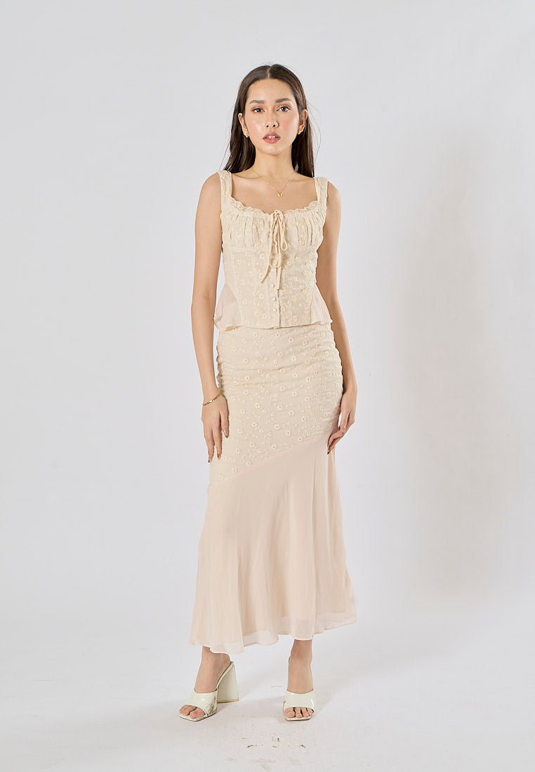 Alice Beige Floral Embroidery Midi Skirt