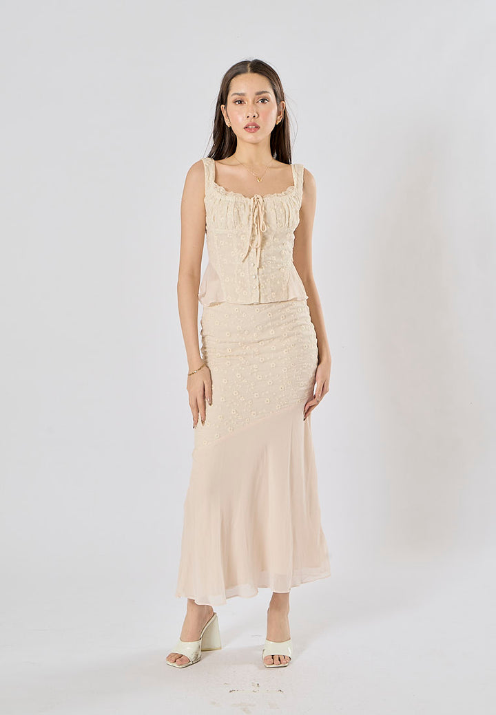 Alice Beige Floral Embroidery Midi Skirt