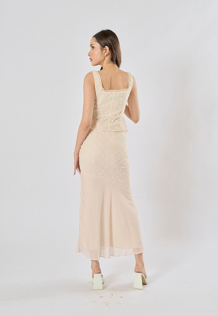 Alice Beige Floral Embroidery Midi Skirt