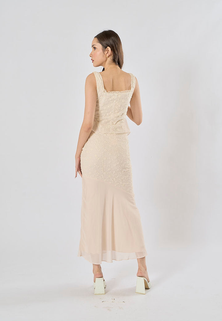 Alice Beige Floral Embroidery Midi Skirt