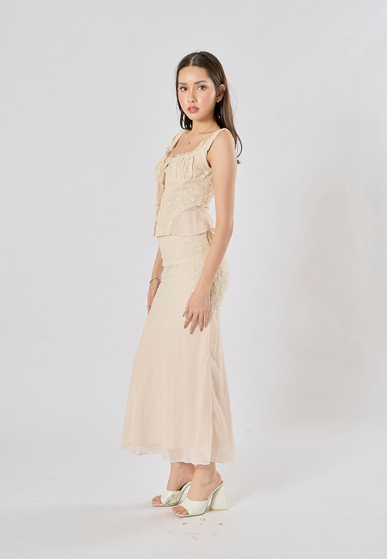 Alice Beige Floral Embroidery Midi Skirt