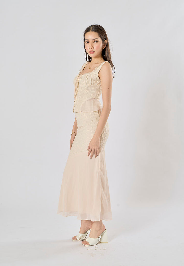Alice Beige Floral Embroidery Midi Skirt