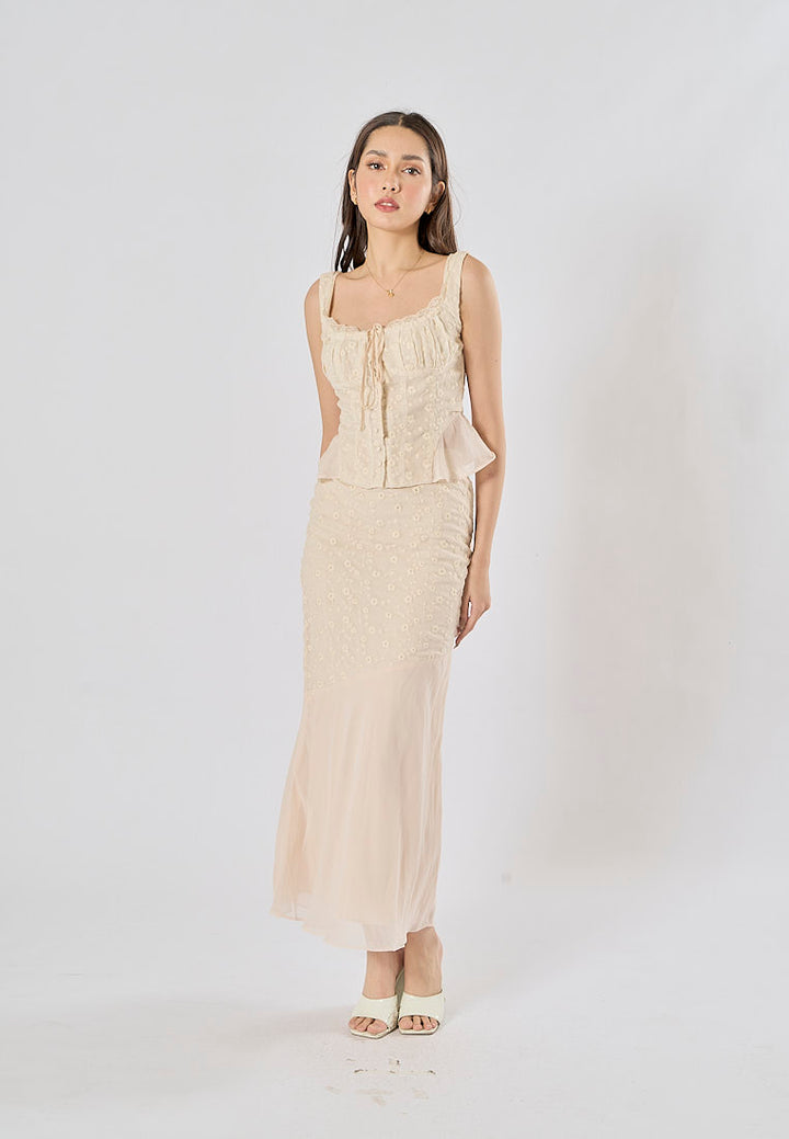 Alice Beige Floral Embroidery Midi Skirt