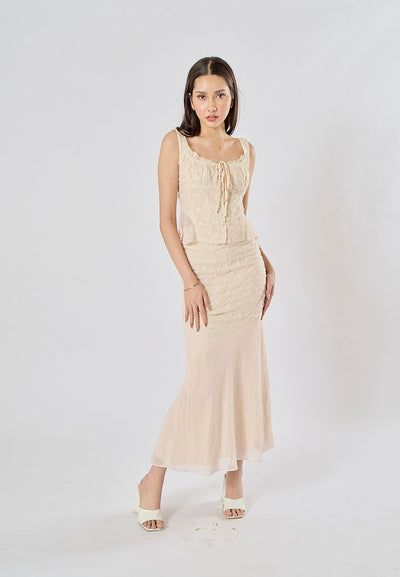 Alice Beige Floral Embroidery Midi Skirt
