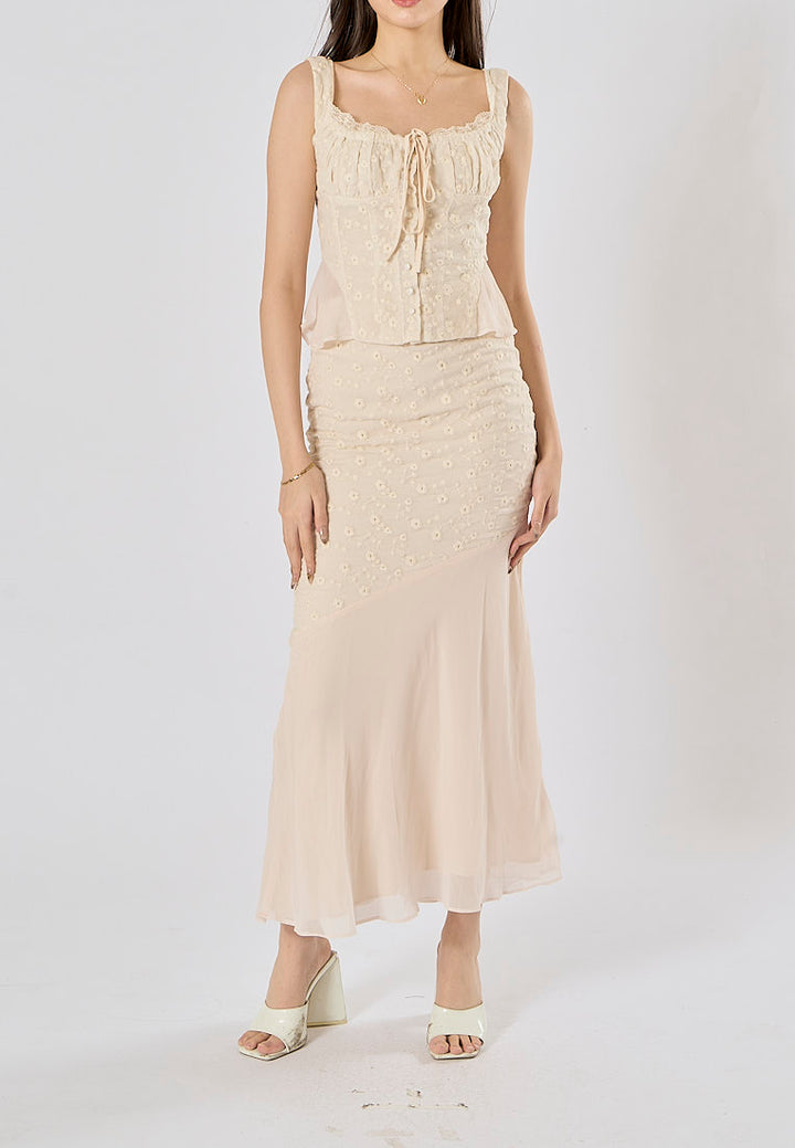 Alice Beige Floral Embroidery Midi Skirt