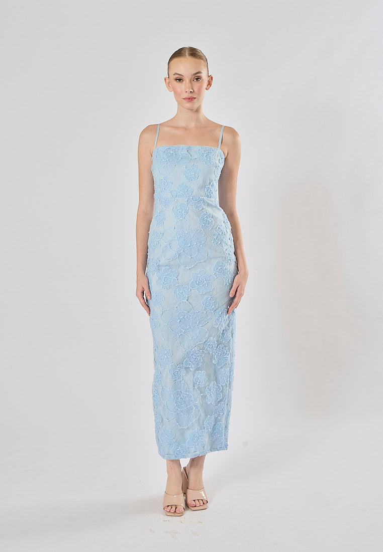 Kite Blue Spaghetti Strap Floral Embroidery Midi Dress