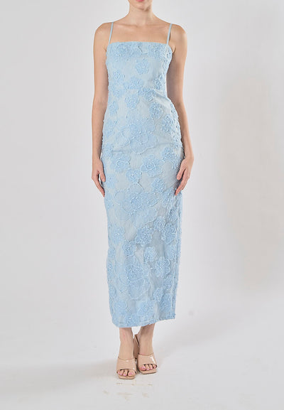 Kite Blue Spaghetti Strap Floral Embroidery Midi Dress