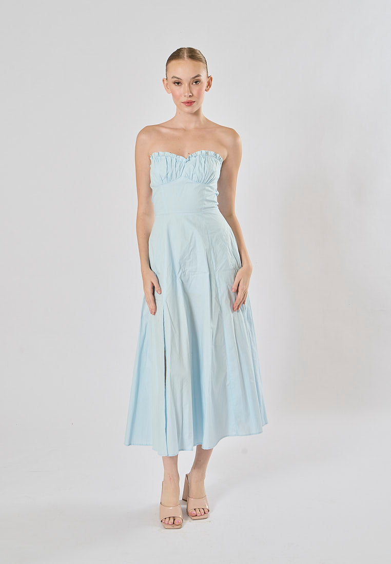 Diane Powder Blue Front Slit Pleated With Zipper Tube Midi Dress