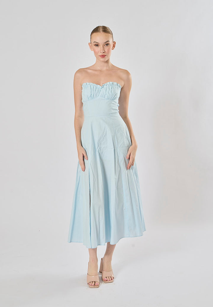 Diane Powder Blue Front Slit Pleated With Zipper Tube Midi Dress