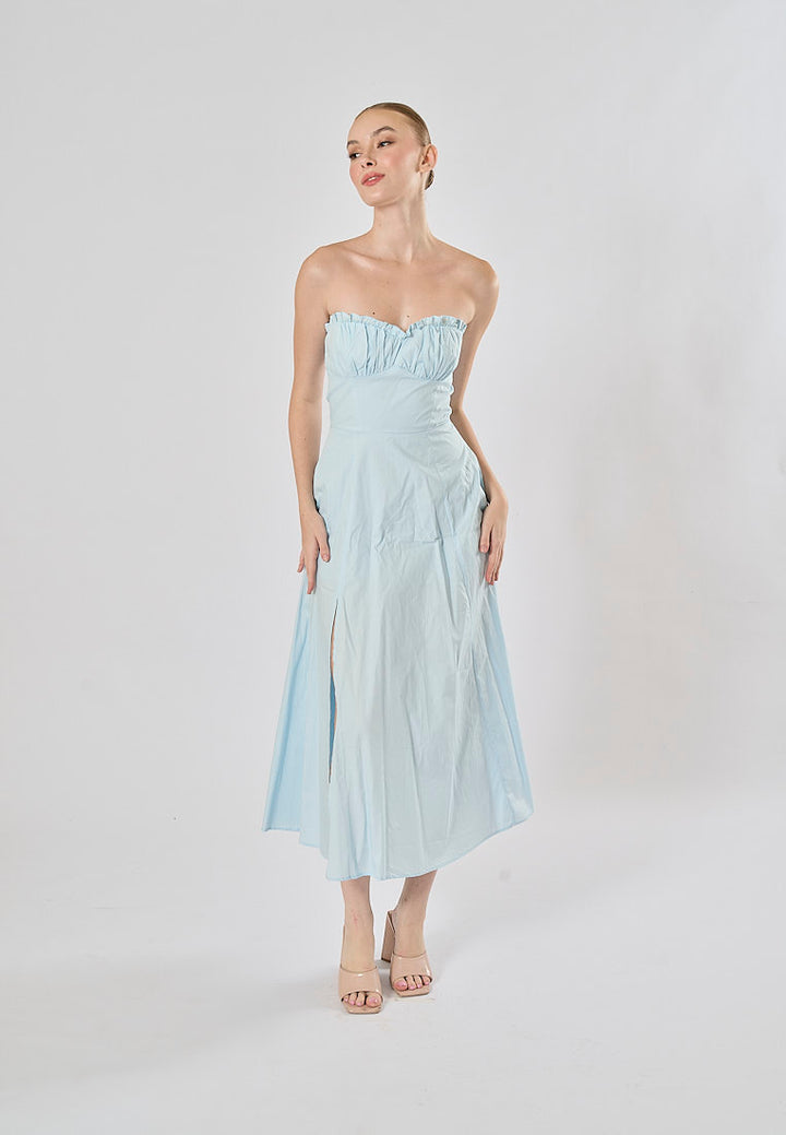 Diane Powder Blue Front Slit Pleated With Zipper Tube Midi Dress