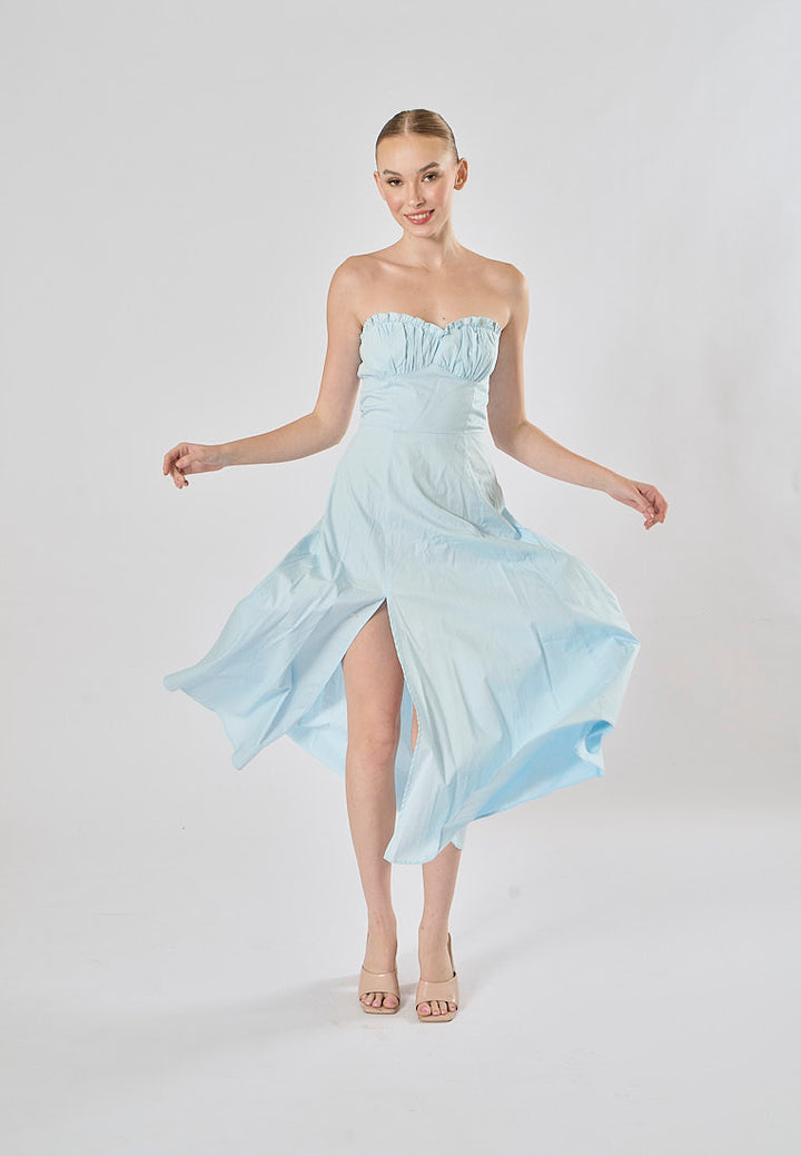 Diane Powder Blue Front Slit Pleated With Zipper Tube Midi Dress