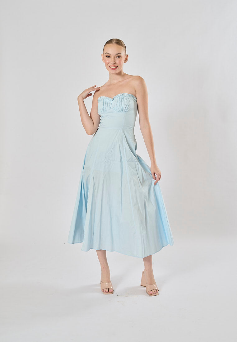 Diane Powder Blue Front Slit Pleated With Zipper Tube Midi Dress
