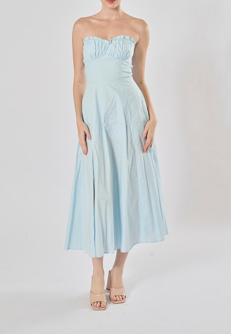 Diane Powder Blue Front Slit Pleated With Zipper Tube Midi Dress