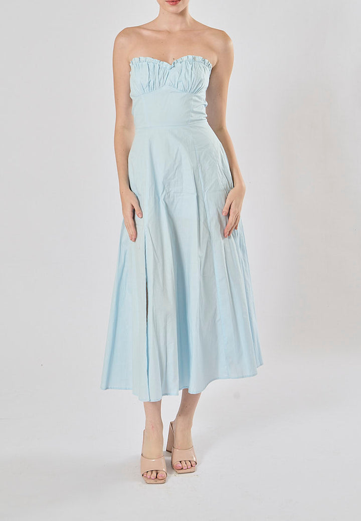 Diane Powder Blue Front Slit Pleated With Zipper Tube Midi Dress