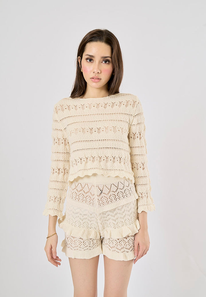 Hinata Beige Drawstring Waist Eyelet Knitted Shorts