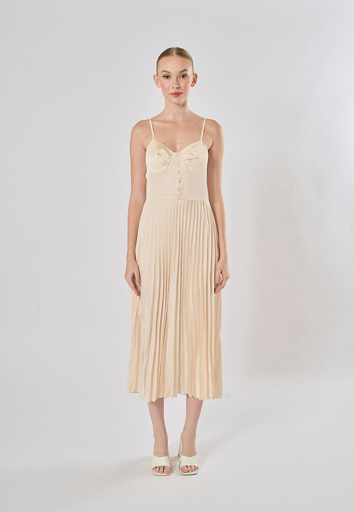 Urie Beige Buttons Up Pleated Midi Dress